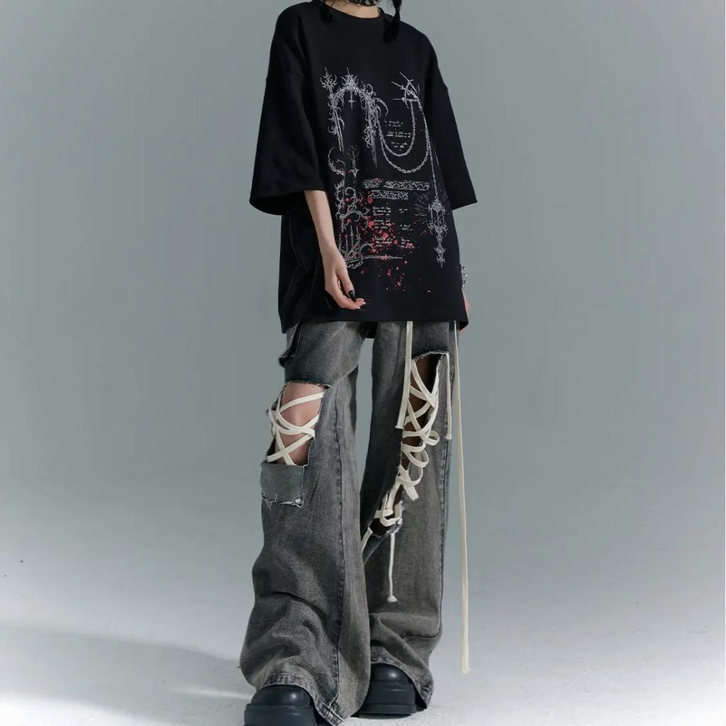 Women Ribbon Ripped Hole Baggy Jeans Black Vintage Oversize Cargo Strap Design Pocket High Waist Y2k Fit Slimming Wide Leg Pant