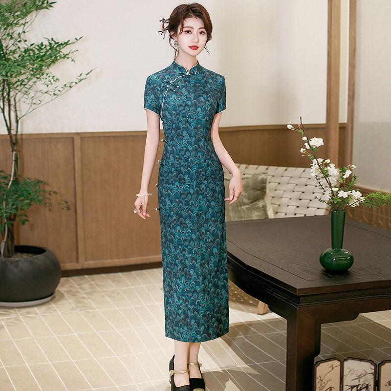 Elegant Blue Modern Chinese-Inspired Long Cheongsam Dress Women 2026 Retro Short Sleeve Plus Size Small