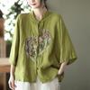 2023 Retro Ethnic Plus Size Cotton Linen Women's Shirt - Summer Loose Fit, Slimming Stand-Up Collar with Frog Buttons