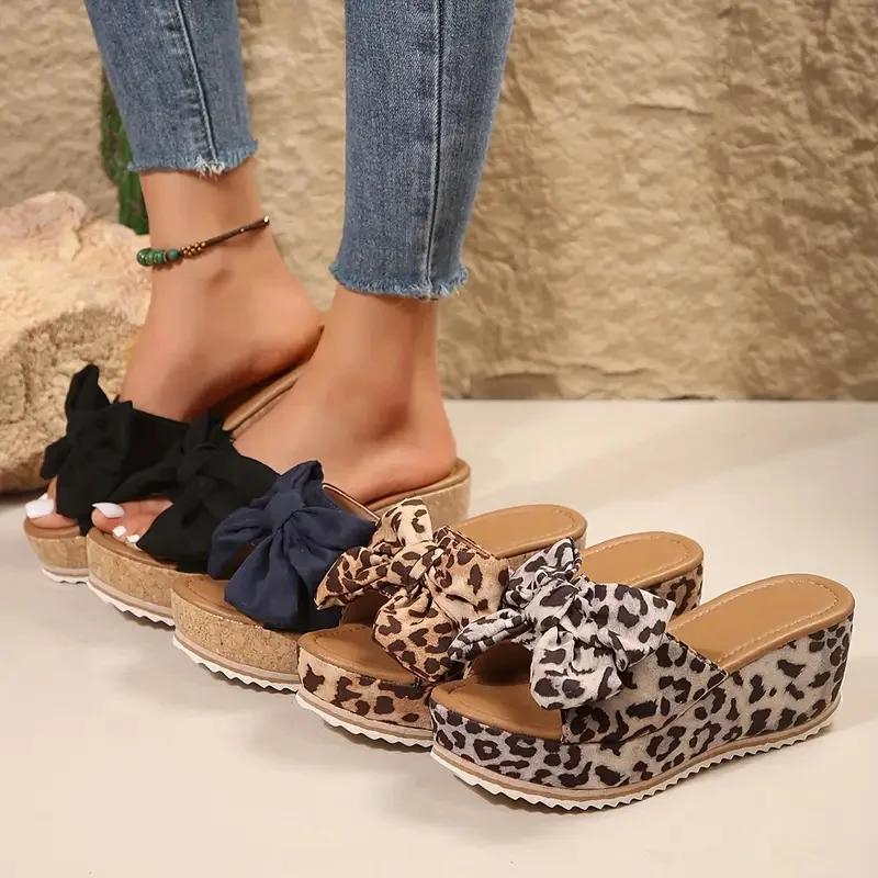 Fashion Women Wedge Slippers Leopard Print Bow Tie Slippers Platform Outdoor Sandals Summer Leisure Large Size Shoes Women Slides Women