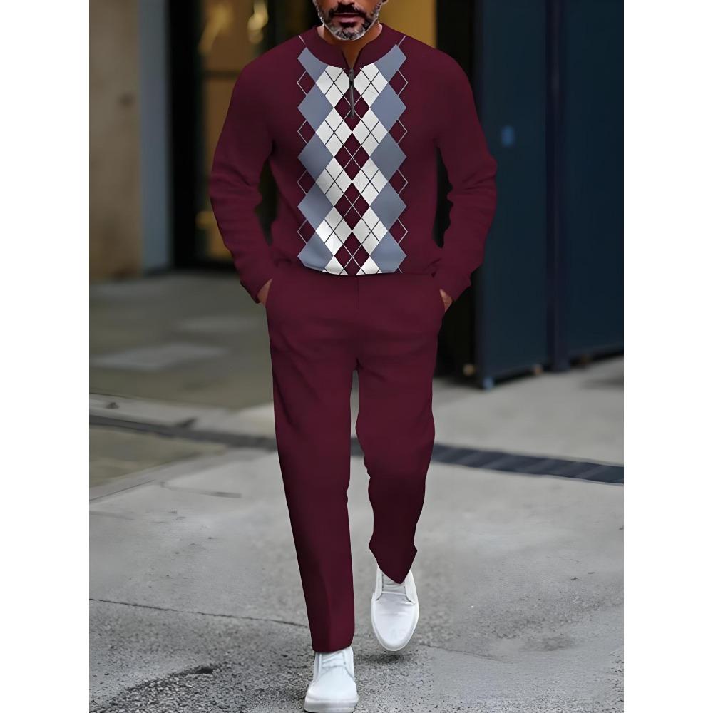 Spring Autumn Fashion Streetwear Men's Long-Sleeved Half-Zipper Stand-Up Collar Casual Sportswear Men's Clothing Two-Piece Set