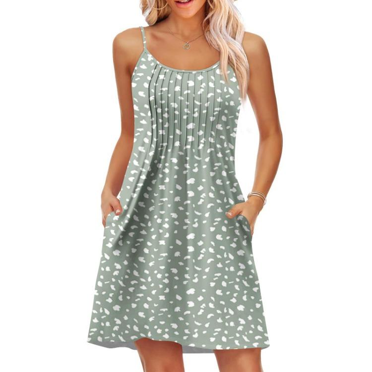 Vintage Floral Print Casual Summer Dress for Women with Adjustable Spaghetti Straps and Pockets Beach Vacation Fashion Dress