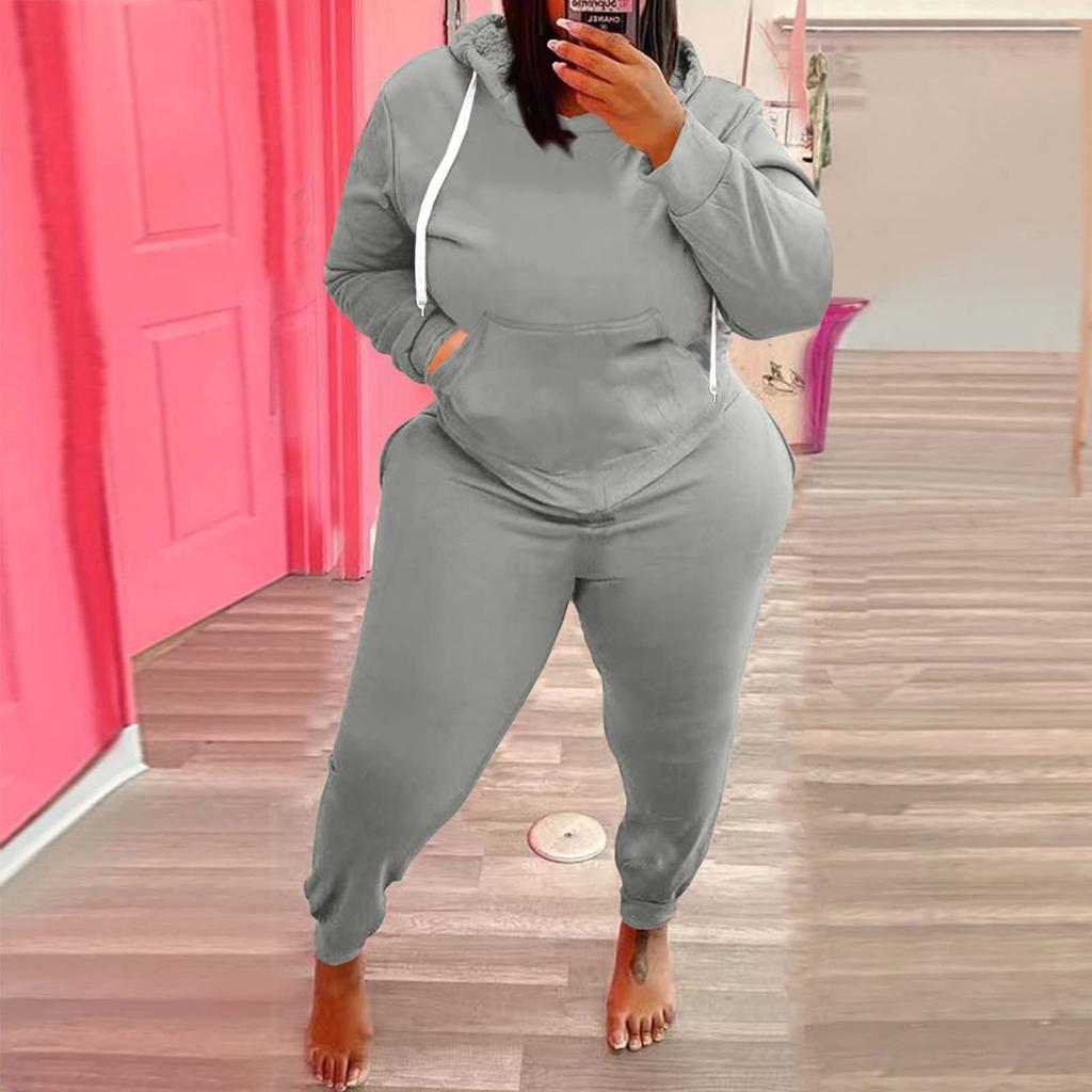 Women's Padded Drawstring Hooded Sweatshirt Long Sleeve Drawstring Trousers Piece Set