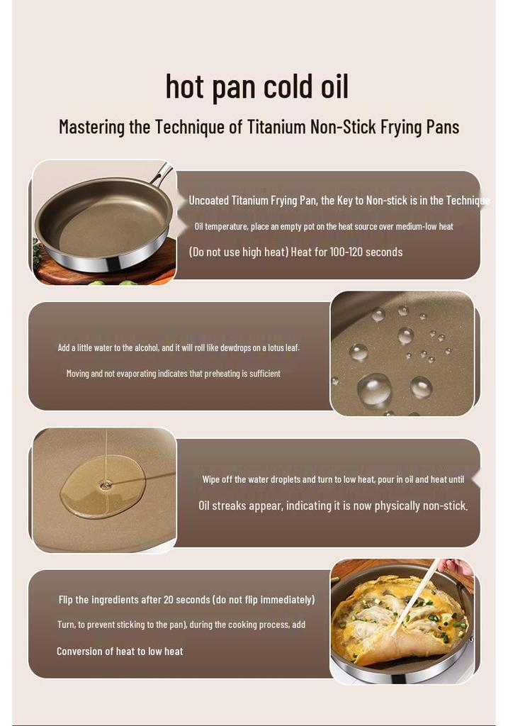 Titanium 316L Non-Stick Stainless Steel Frying Pan, Flat-Bottomed, Universal for Induction and Gas Stoves, Ideal for Commercial Use and Fried Eggs.