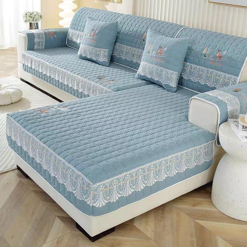 Vyšívaný polštář na pohovku z prané bavlny, Univerzální látka pro všechna roční období, Protiskluzový all-inclusive potah na pohovku, Kreslený přehoz na pohovku