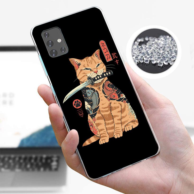 Ramen Sushi Samurai Tattoo Cat Cover Phone Case For Samsung Galaxy A12 A22 A32 A52 A72 A02S Phone Case Note 20 Ultra 10 S10 Plus