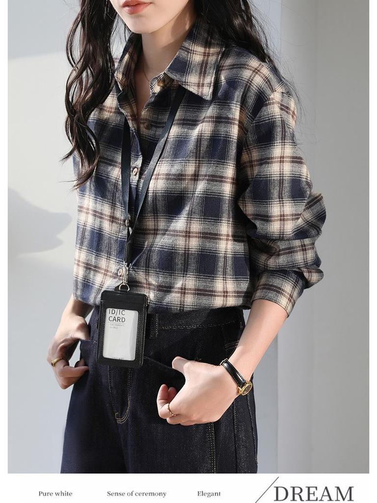 Women's Dark Blue Retro Plaid Shirt Jacket - Autumn/Winter 2025 New Korean Style Long Sleeve Top