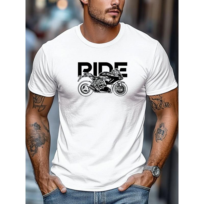 European sizes Men's T-Shirt, Simple and Clean, Minimalist and Stylish, Men's RIDE Motorcycle Graphic Summer Casual Crew Neck Short Sleeve T-Shirt