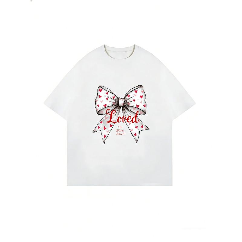 Oversized T-Shirt Black Bow With Hearts And Loved Text Graphic Print Casual Streetwear For Women