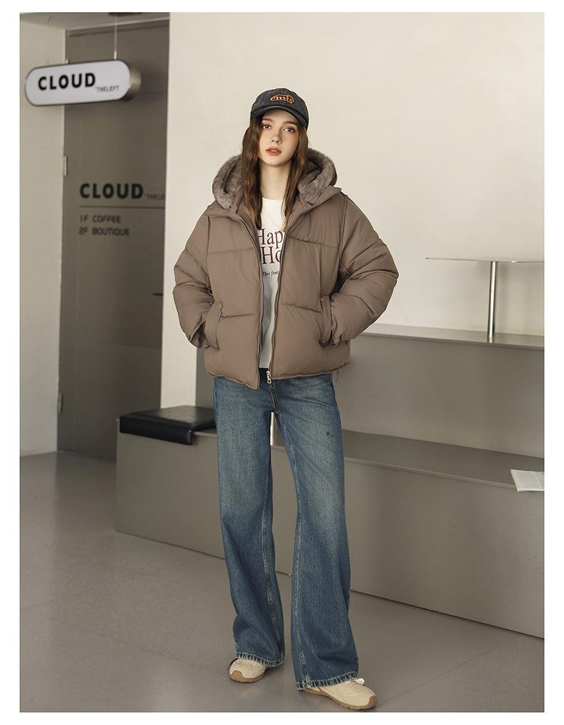 Short Cotton-padded Jacket With Imitation Mink Fur Hood