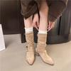 Fashion Women's Block Heel Single Boots Autumn New Pointed Toe Metal Buckle Anti-slip Wear-resistant Mid-leg Boots