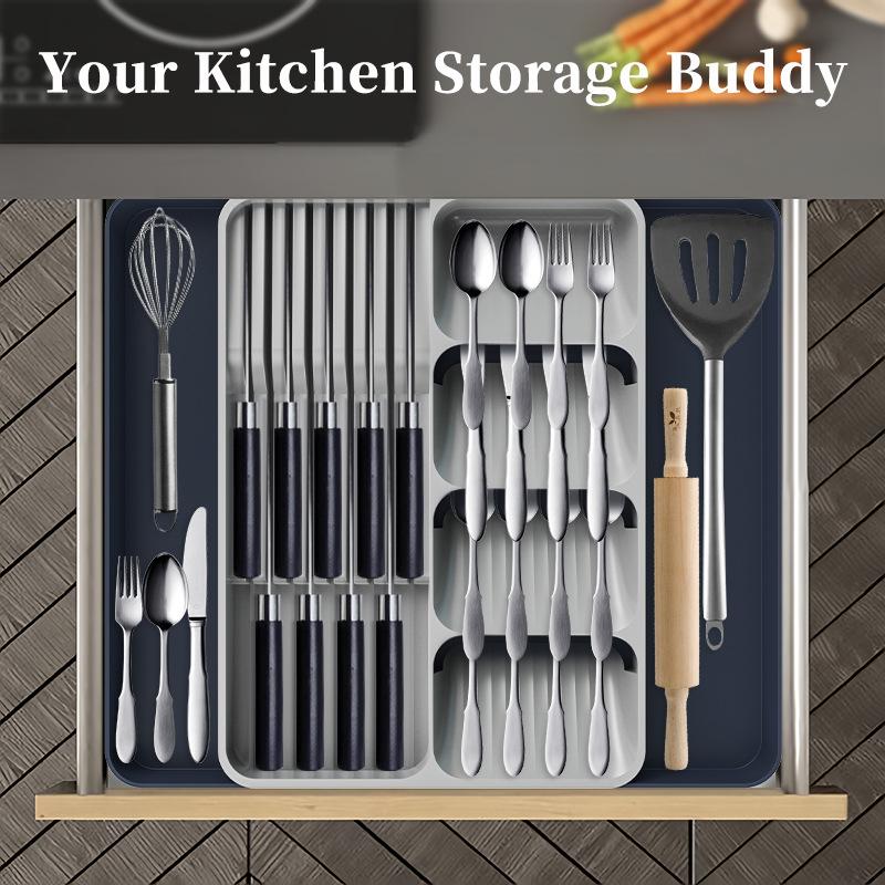 Expandable Silverware Drawer Organizer with Knife Holder Adjustable Flatware and Cutlery Tray for Spoons Forks Kitchen Utensil