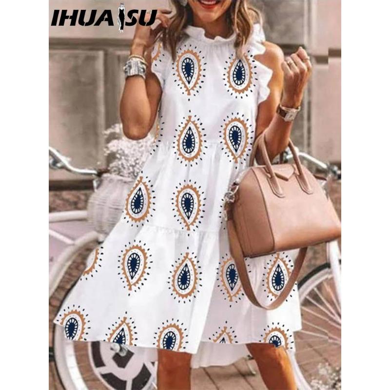 IHUASU Women Floral Print Dress Loose Streetwear Knee Length Sleeveless Ruffle Party Dress S-3XL