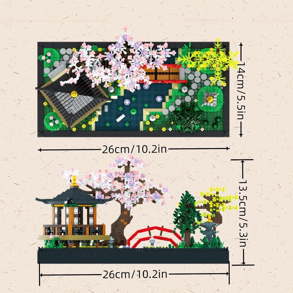 Japanese Zen Gardens and Meditation Cherry Blossom Garden Pavilion Bridge Mini Building Blocks Set Bonsai Trees Building Set for Adults and Kids Toy