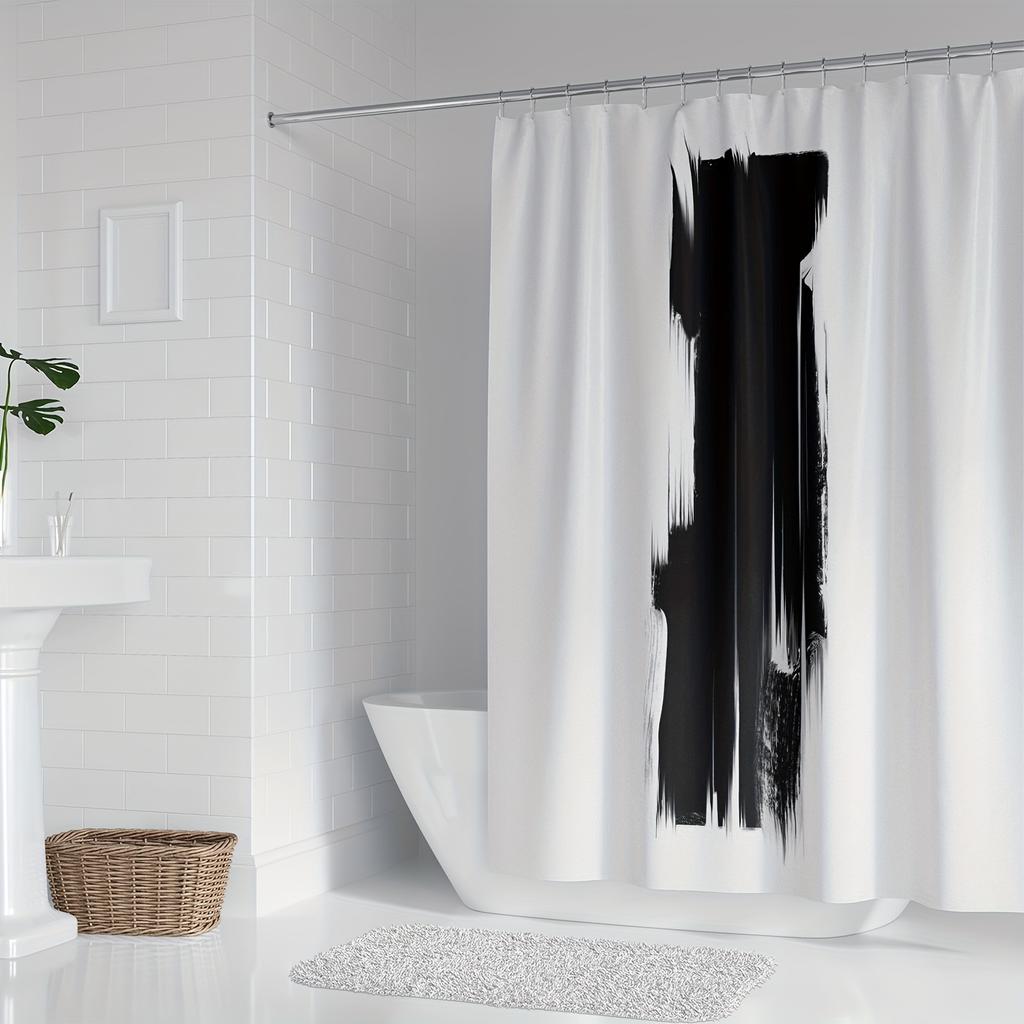 1Pc Modern Abstract Black And White Print Shower Curtain - Polyester, Minimalist Art Design With Hooks, Machine Washable