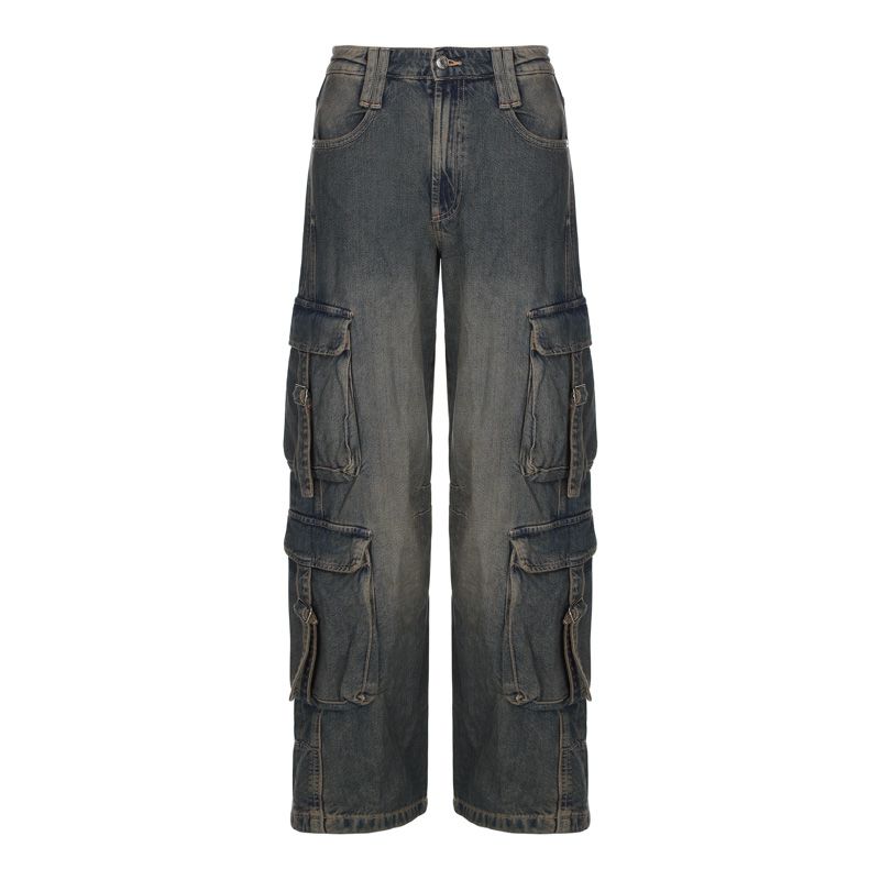 

Модный стиль Потертые Многокарманные Уличные Прямые Брюки Парка Blue S