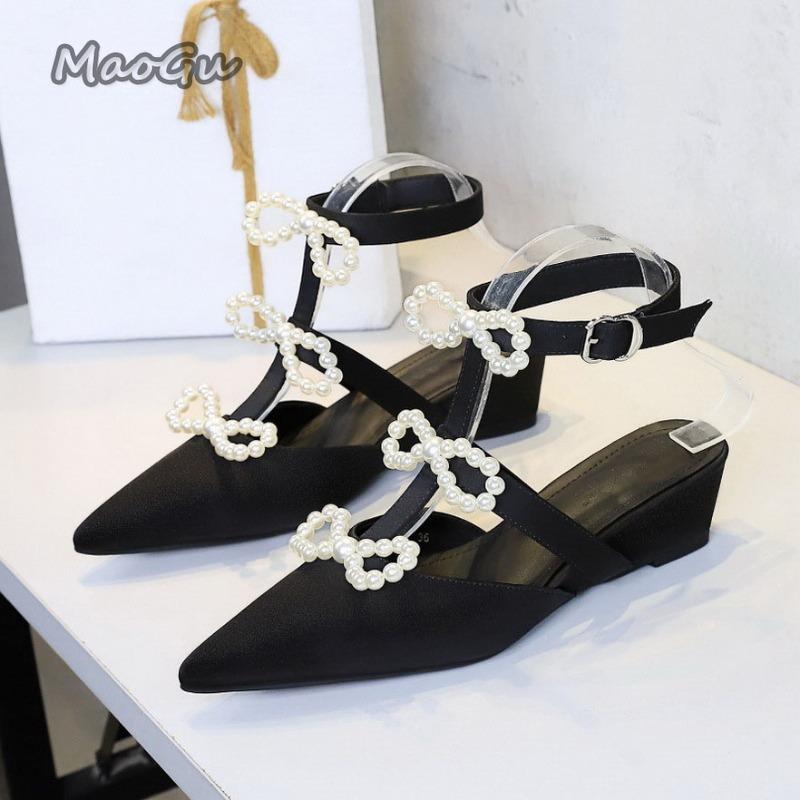 Fashion French Pointed Toe Women's Elegant Banquet Dress Shoes Wedge Heel Ankle Strap Pearl Bowknot Sandals Fashion Mid Heel Pumps