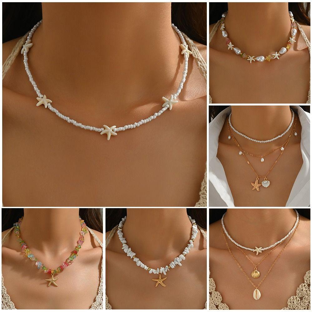 Boho Starfish Shells Necklace Elegant Tassel Clavicle Chain Fashion Charm Choker