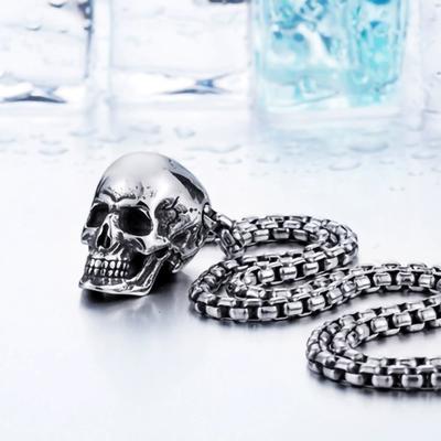 Cool Gothic Herren Biker Totenkopf Anhänger Halskette Herren Edelstahlkette Silber
