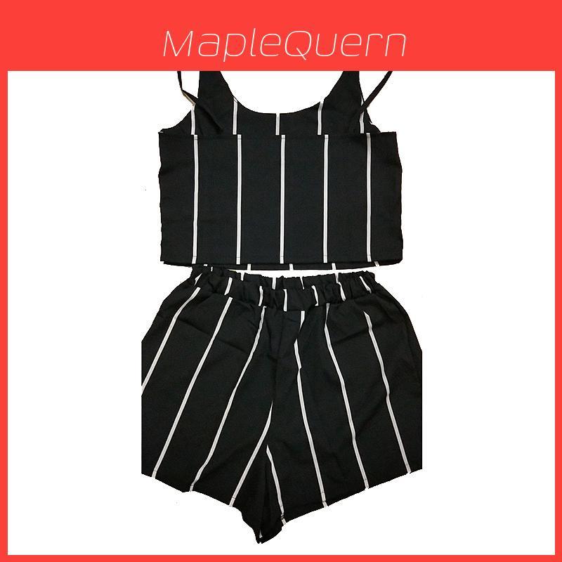 Elegant Striped V-neck Backless Two-piece Outfit Suits For Women In Summer