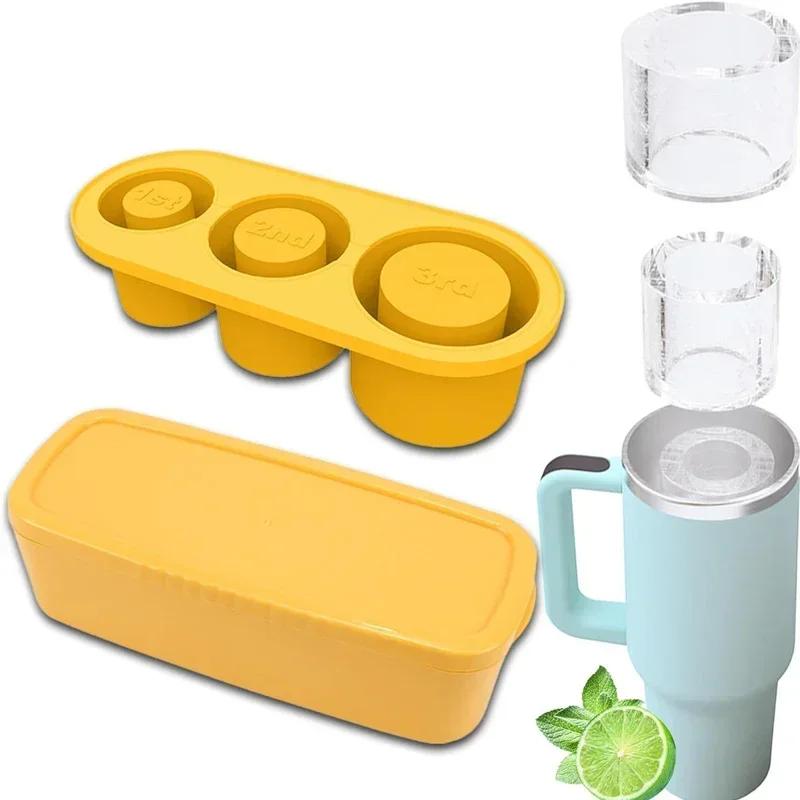 3 Grid Ice Mold for Stan Ley Cup Silicone Cylinder Ice Mold with Lid and Bin for Freezer Ice Drink Juice Whiskey Cocktail