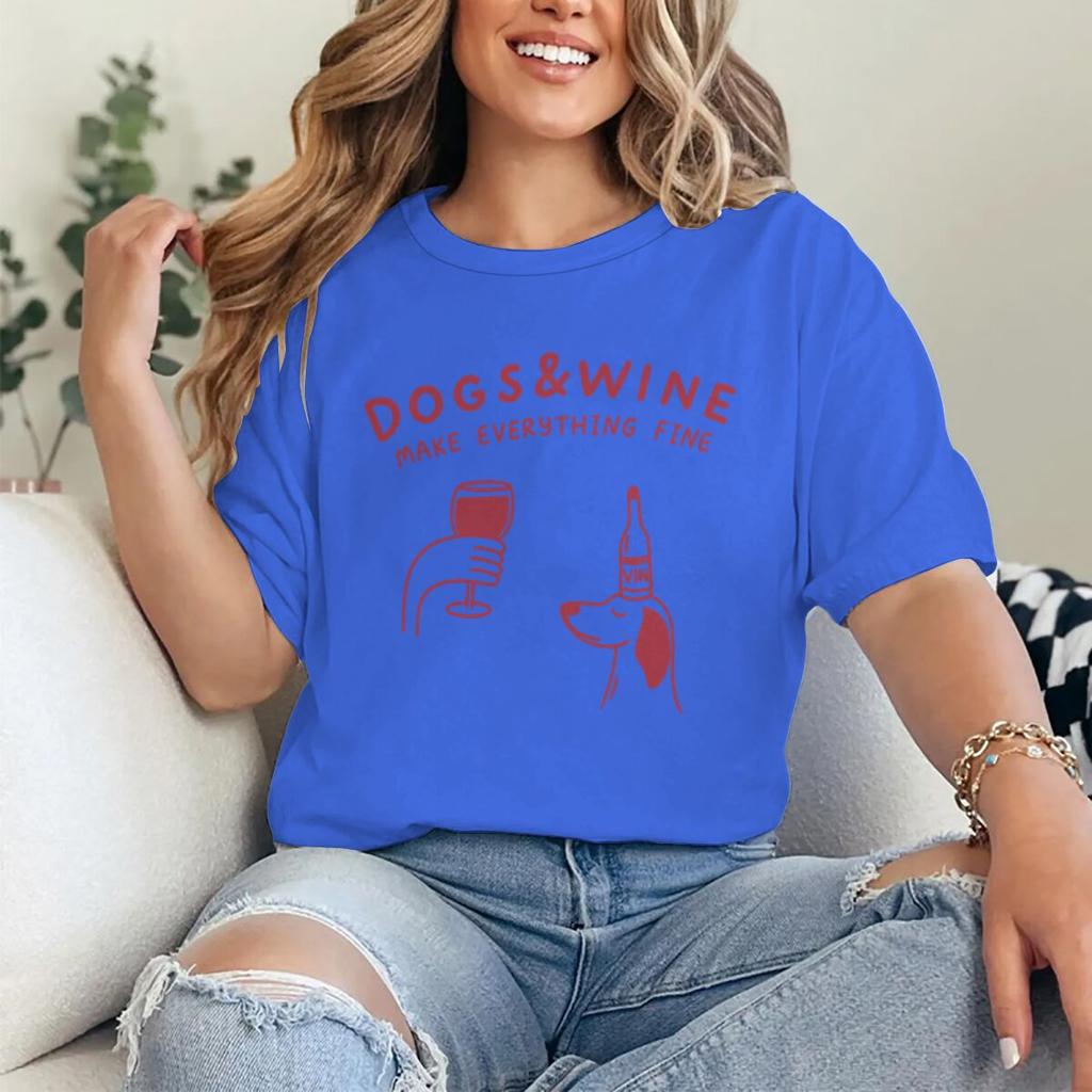 Hunde Und Wein Machen Alles Gut Lustige Vintage Grafik T-Shirts Tier Shirt Mode Hundemama T-Shirts Geschenke Damen Y2K Oberteile