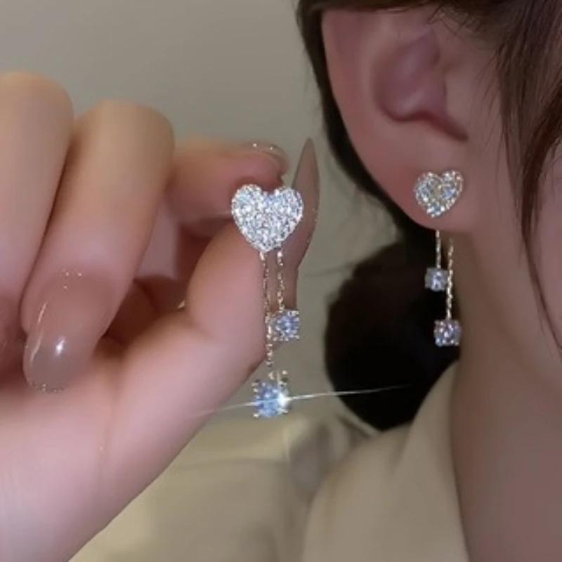 Exquisite Shining Inlaid Zirconia Love Tassel Earrings Women's Fashion Light Luxury Temperament Wedding Banquet Zircon Gifts