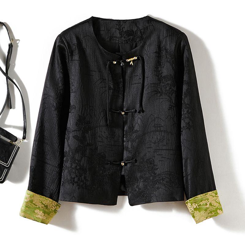 

Pixie Sense Chinese Tang Costume Design! Three-Dimensional Jacquard Pattern Long Sleeves round Neck Work Clothing Buckle Temperament Coat Female New Black L