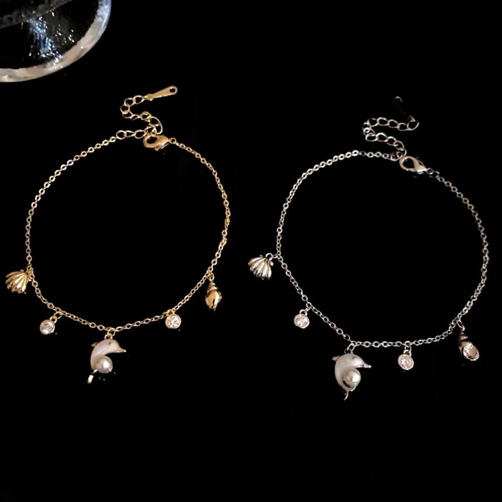 Sea Series Metal Shell Dolphin Bracelet Imitation Pearl Beach Hand Chain  Women