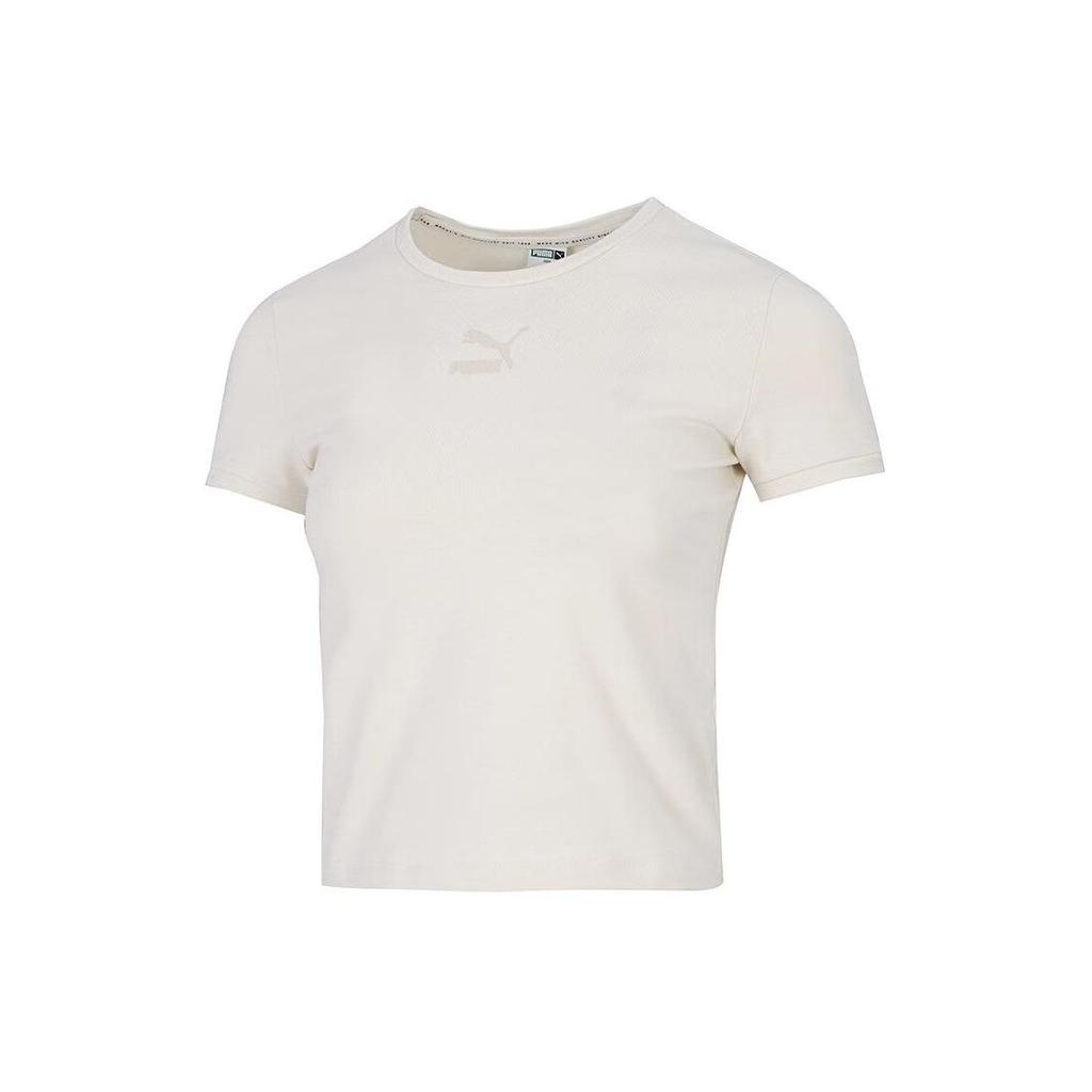 Puma Solid Color Short Sleeve Cool Comfortable Breathable Sports Casual Simple Round Neck T-Shirt Women Tops Beige 673508-99