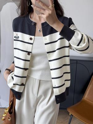 Damen Koreanischer Farbblock Gestreifter Bestickter Strick-Cardigan - Herbst/Winter Rundhals-Pullover
