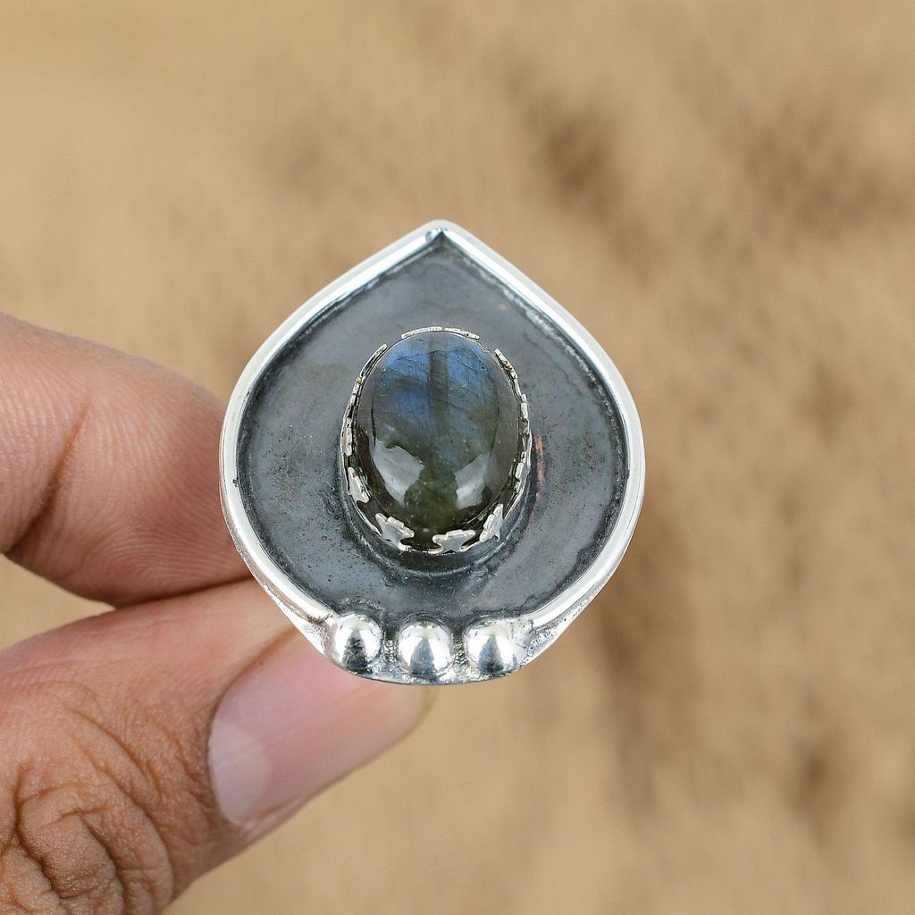 Birthday Gift For Her Natural Labradorite Multi Stone Adjustable Ring 925 Silver
