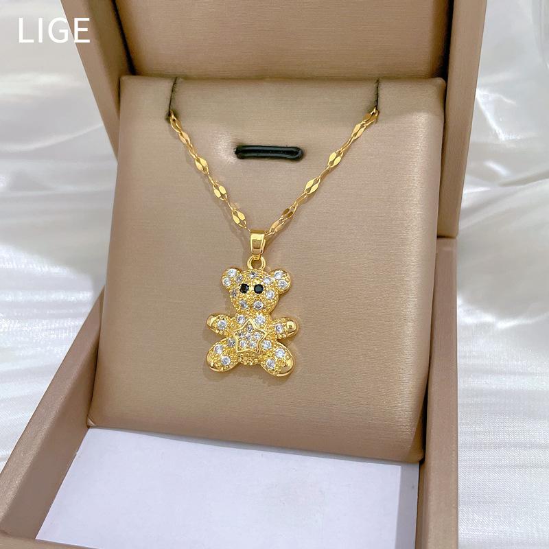 Pentagram Bear Light Luxury Temperament Gorgeous Full Diamond Necklace Female Versatile Collarbone Chain Titanium Steel Chain