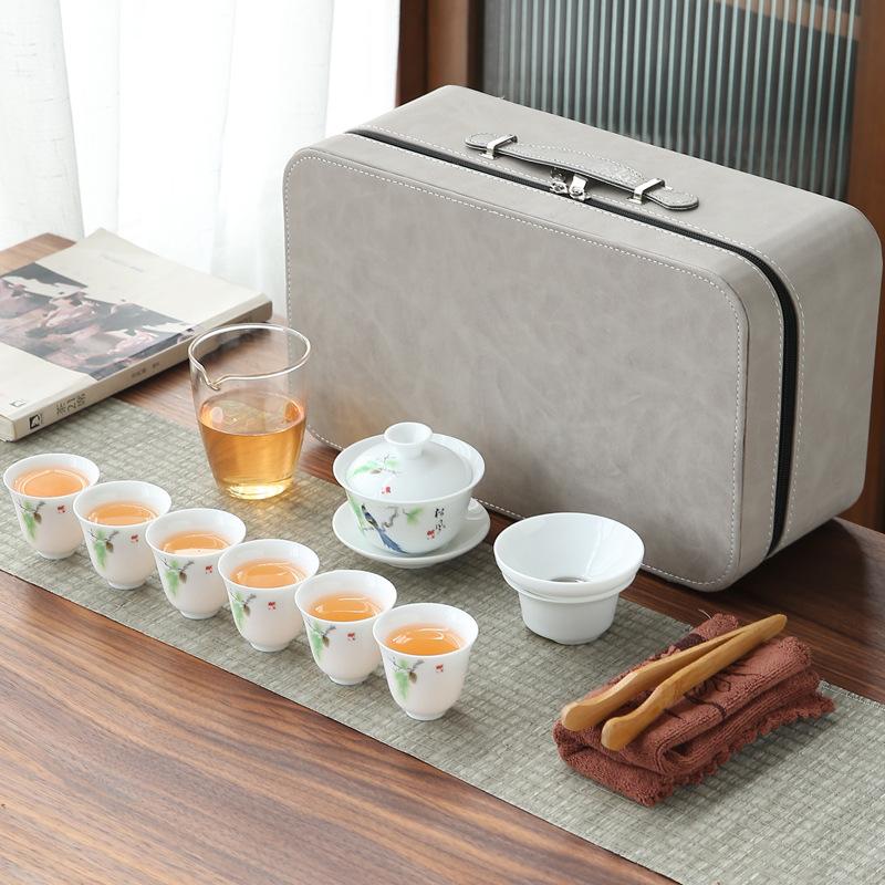 White Porcelain Tea Art Teaching Tea Set Travel Portable Bag Ceramic Kung Fu Tea Set Tea Artist Training Examination