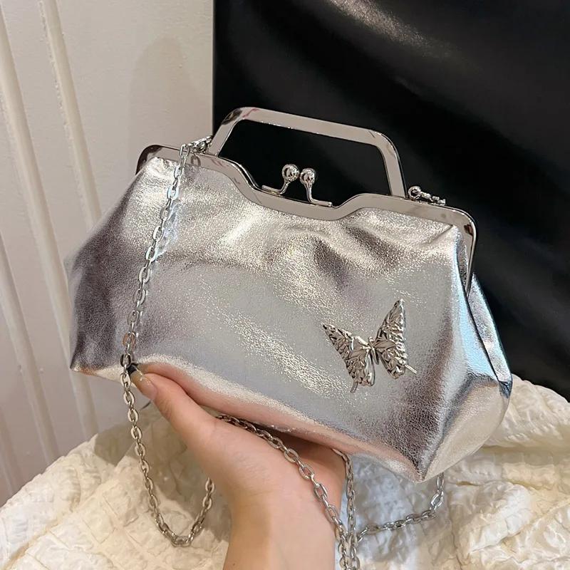 Glitter PU Leather Gold Handbags for Women Evening Bags Shoulder Bag Chain Texture Hot Pink Handbag Shell Clip Fashion