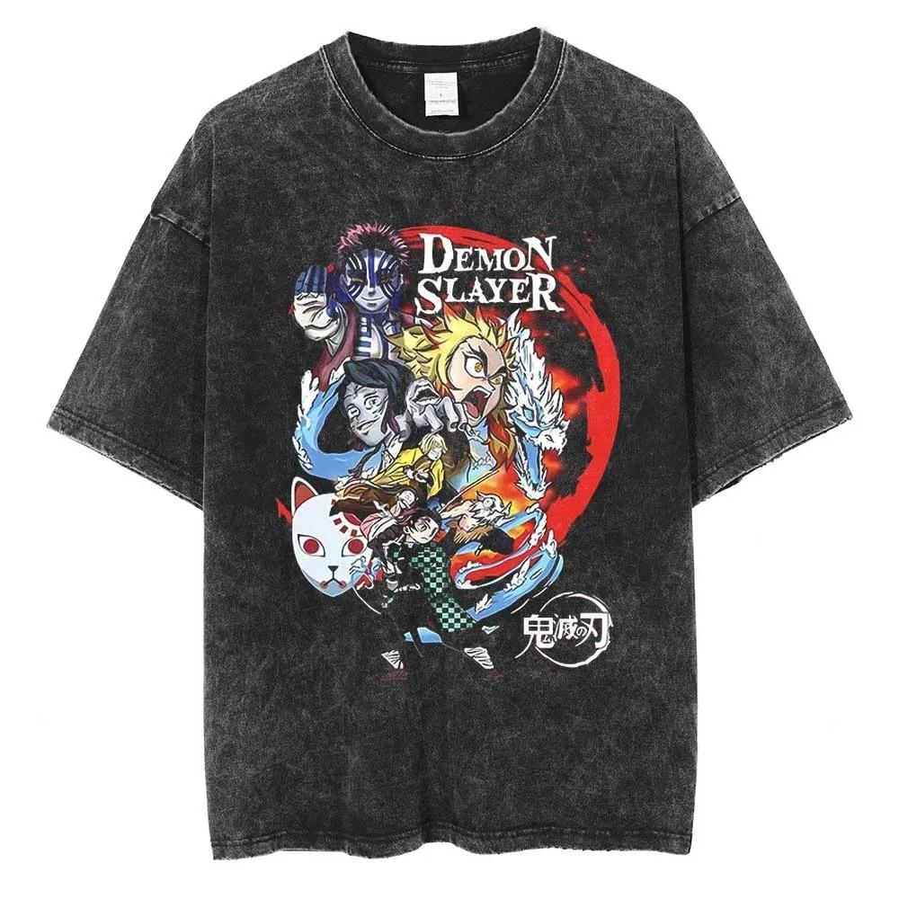 Demon Slayer Himejima Gyomei Stone Breathing Vintage Washed Double Sided Print T-Shirt, Unisex Oversized Streetwear, Anime Fan Gift