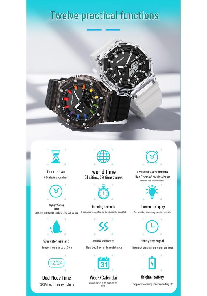 Sanda Octagonal Transparent Multifunctional Waterproof Unisex Wristwatch
