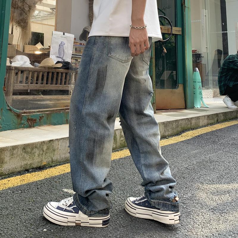 American ripped ink-splashing jeans men's new washed and old trendy high street straight casual wide-leg pants