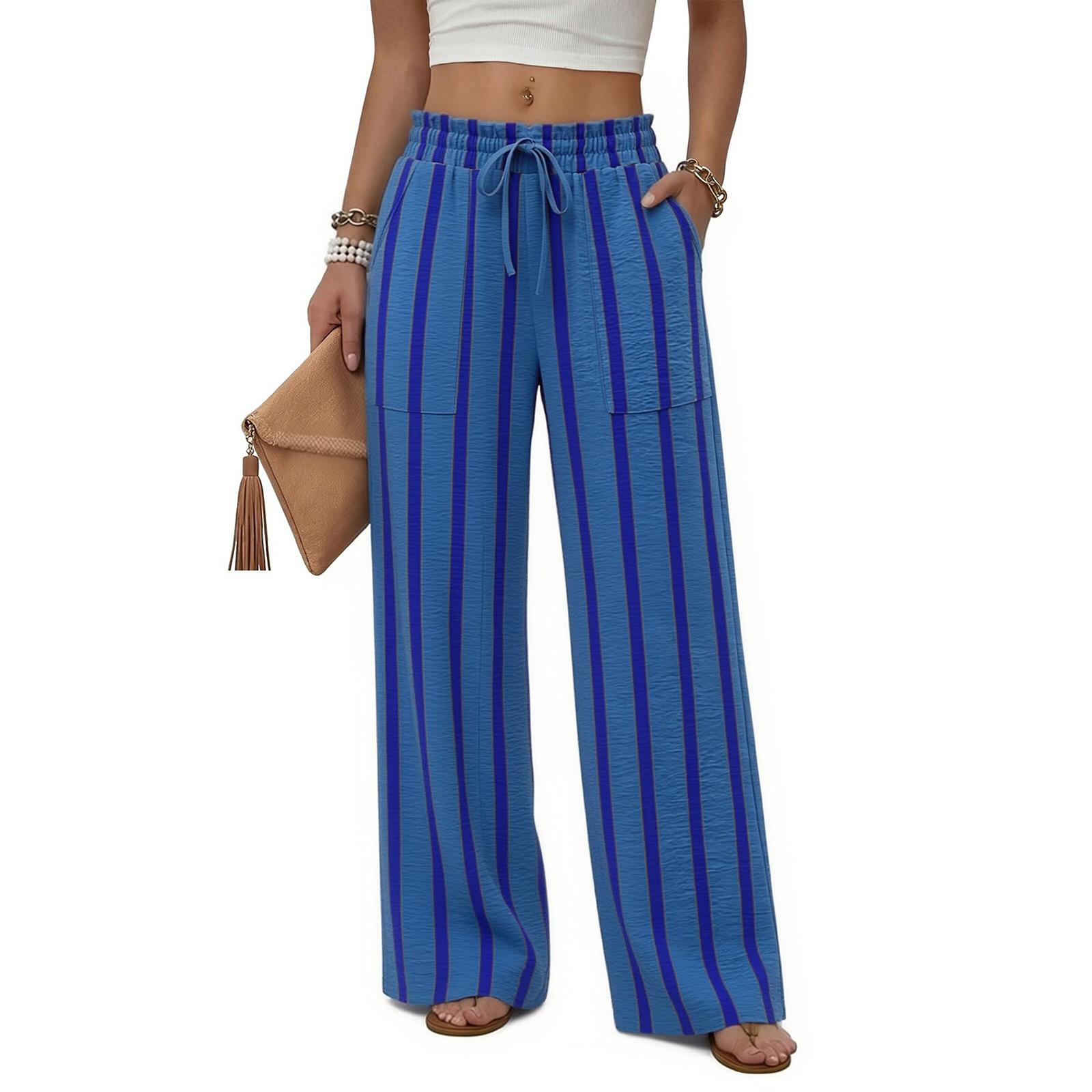 Women s Fashion Striped High Waist Wide Leg Pocket Drawstring Loose Beach Vacation Casual Pants S