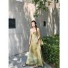 Retro cold green pure desire suspender dress summer new printed long dress temperament green niche thin