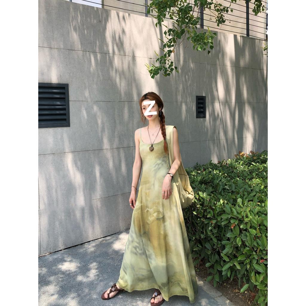 Retro cold green pure desire suspender dress summer new printed long dress temperament green niche thin