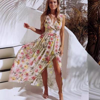 New Women's Floral Print Chiffon Dress, Sleeveless V-Neck Slit Maxi Dress for Vacation & Beach, Sexy Bodycon Summer Long Dress