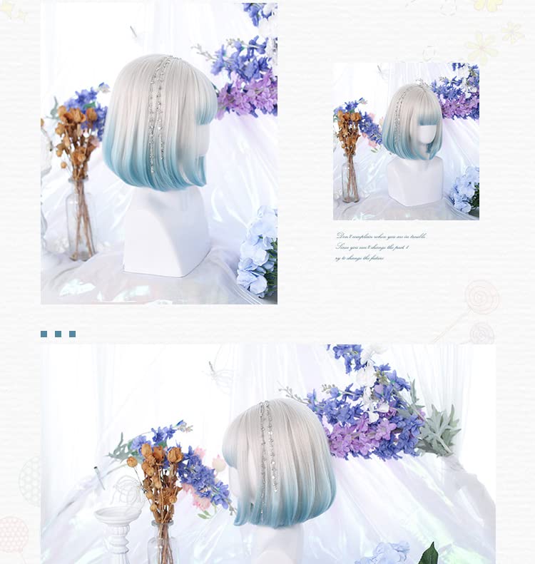 Harajuku and GAL Style Bob Lolita Wig One Gray and Blue Perfect for Mori and Yumekawaii Includes Hair Natural and Lightweight for a Slimmer Set, Curl,