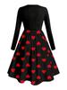 Plus Size Women's Hepburn Style Polka Dot A-line Dress with Round Neck and Long Sleeves