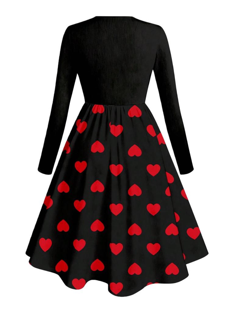 Plus Size Women's Hepburn Style Polka Dot A-line Dress with Round Neck and Long Sleeves