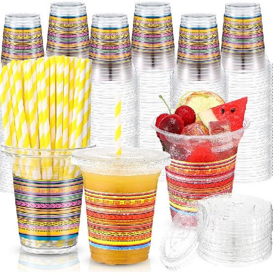 50 Pack 12 oz Fiesta Plastic Cups with Lids and Paper Straws Mexican Clear Disposable Cups Bulk Cinco De Mayo Party Decorations for Fiesta Taco