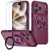 Case for iPhone 18 Pro Max, Silicone and PC with Rotating Stand - Burgundy - 2 Tempered Glasses