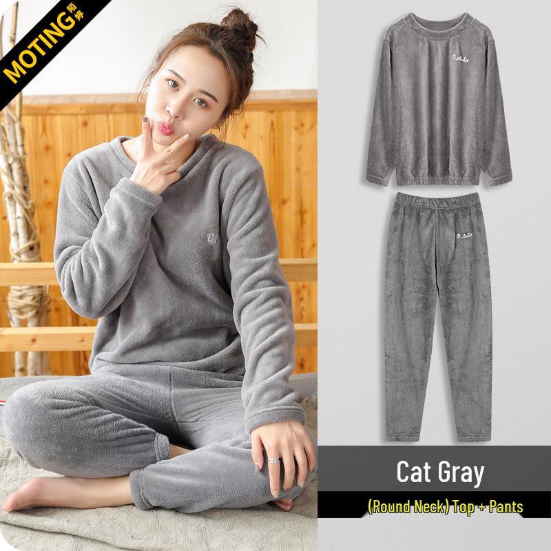 

Осенне-зимний комплект пижамы оверсайз из кораллового флиса: Топ с длинным рукавом и теплые толстые штаны для сна One Size (80-145 lbs)