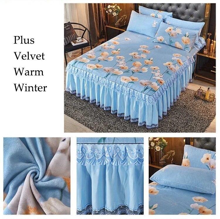 Warm Bed Skirt Crystal Velvet Thickened Bedspread Three Piece Set Flannel Bed Linens King Queen Size with Pillowcases