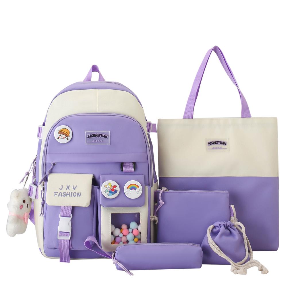 Backpack New Fashion Casual Foreign Style Simple Large Capacity Double Pocket Backpack Korean Version Small Fresh Five-piece Backpack